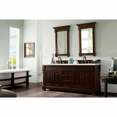 James Martin Vanities Brookfield 72in Double Vanity, Burnished Mahogany w/ 3 CM Ethereal Noctis Quartz Top 147-114-5761-3ENC